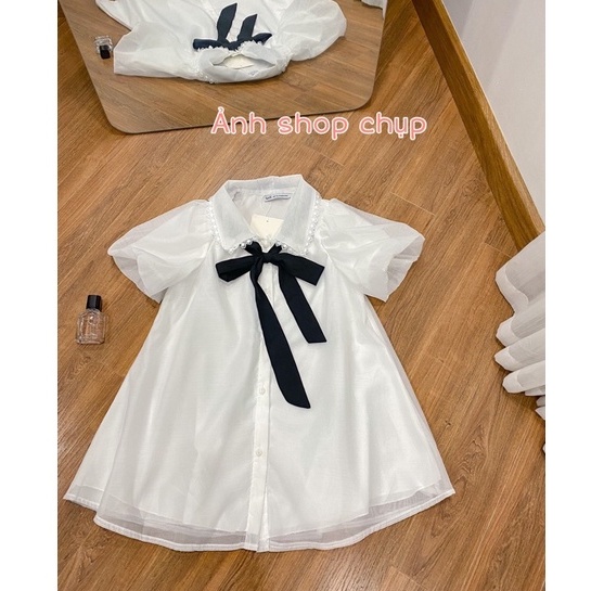 Áo sơ mi cộc tay nữ Hàn Quốc dáng Babydoll - áo nữ tay bồng có buộc nơ lonakeng shop A8504