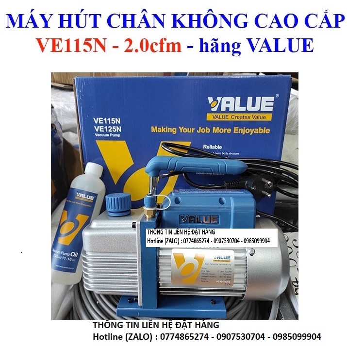 MÁY HÚT CHÂN KHÔNG VALUE 2.0 CFM MODEL: VE115N Lưu lượng bơm: 51-57 lít/phút Chân không tuyệt đối  150 Micron