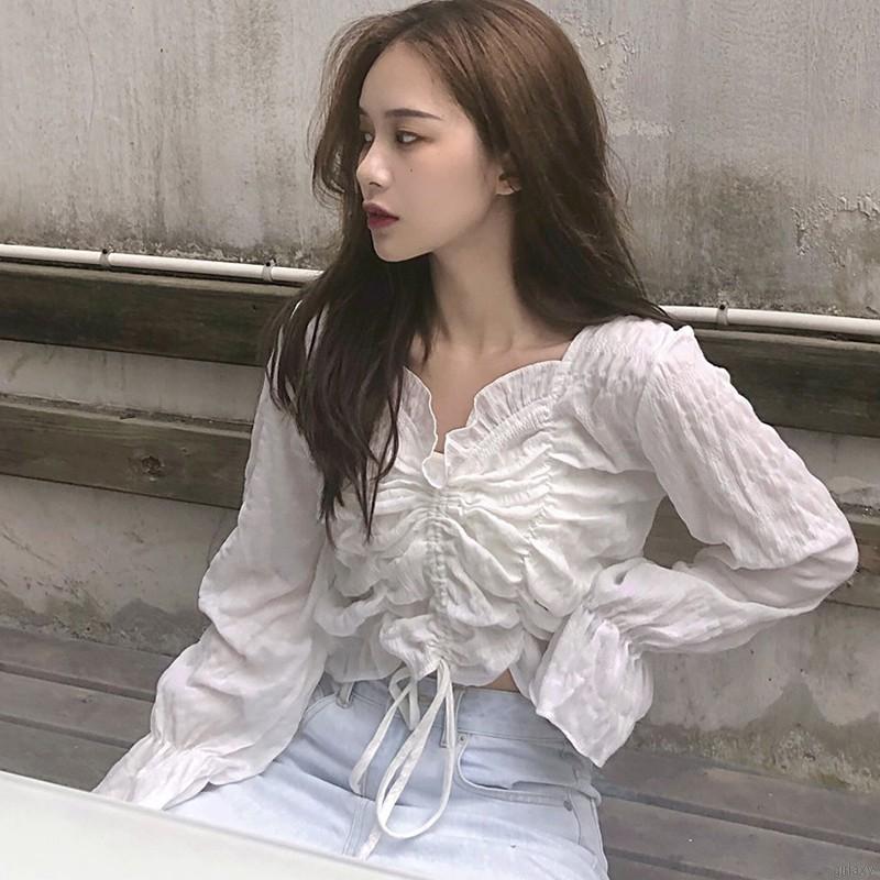 Áo Croptop Tay Dài Cổ Chữ V Màu Trơn Phong Cách Hàn Quốc