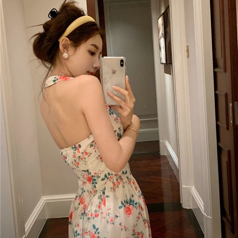 Đầm Dài Cổ Yếm In Hoa Kiểu Pháp Thời Trang Mùa Hè Quyến Rũ Cho Nữ