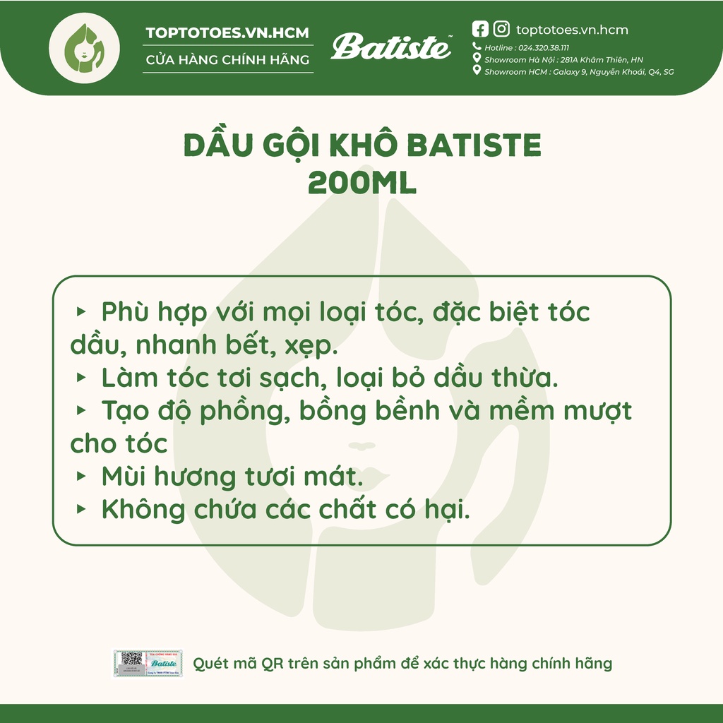 Dầu gội khô Batiste Dry Shampoo 200ml [NHẬP KHẨU CHÍNH HÃNG 100%]