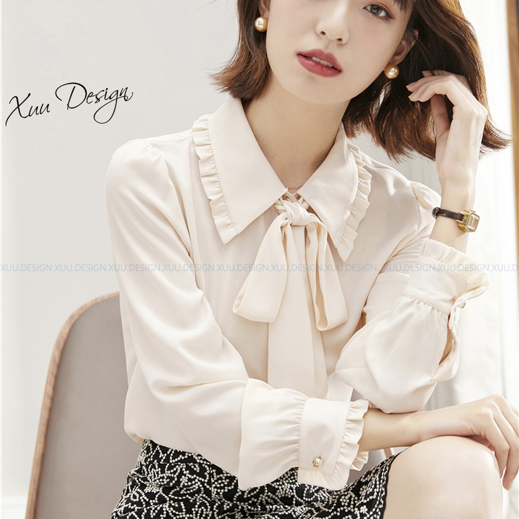 Áo sơ mi lụa nữ công sở Xuu, thắt nơ màu kem kiểu thời trang Xu03 Kem | BigBuy360 - bigbuy360.vn