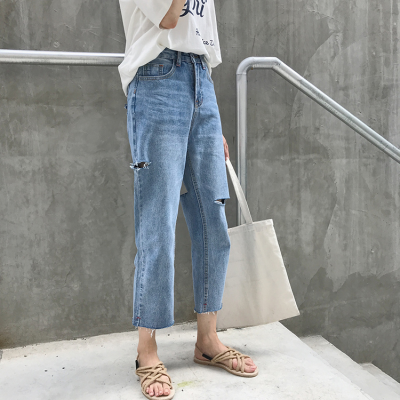 Quần Jeans Dài Rách Gối Thời Trang Dành Cho Nữ