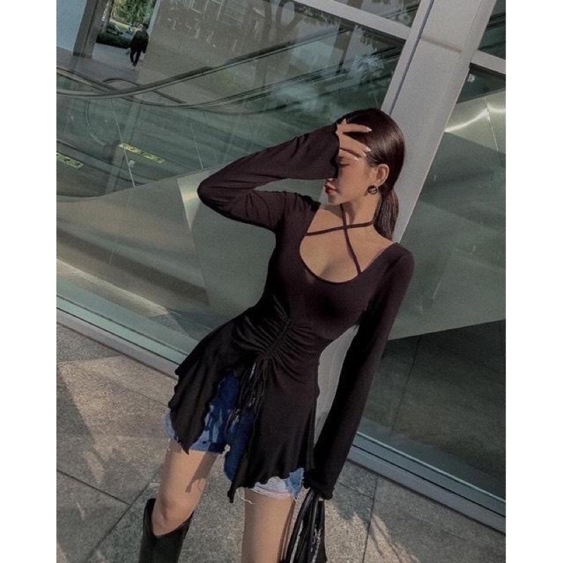 Áo kiểu nữ tay dài cánh bươm dây chéo cô