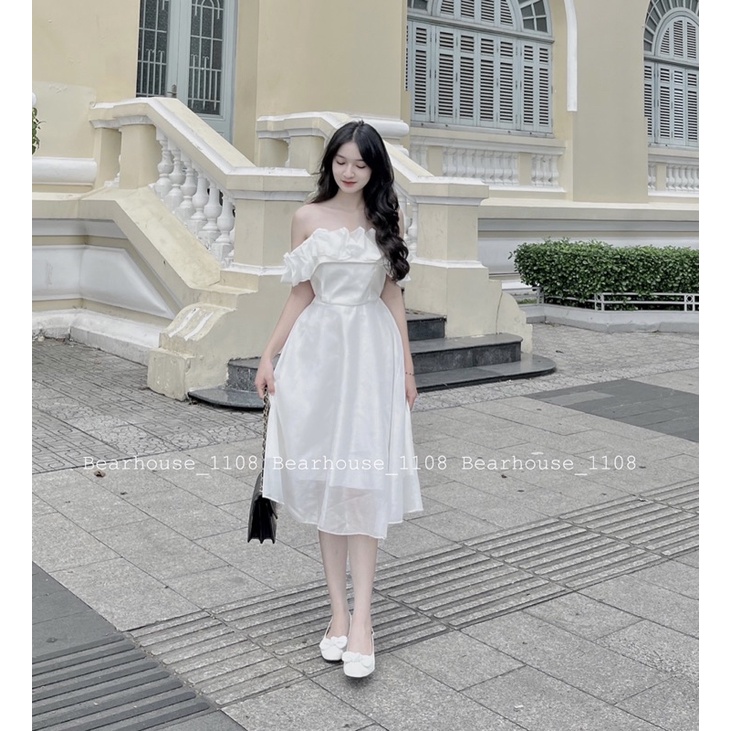 🌷 Đầm - Váy trắng công chúa trễ vai bèo nến * JASMINE *