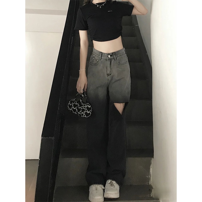 Quần jeans Nữ Lưng Cao Ống Rộng Thời Trang Hàn