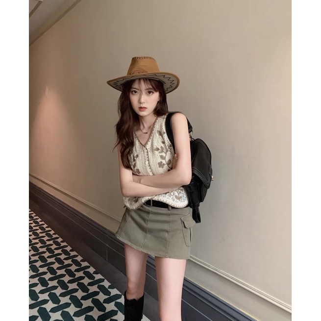 Set Áo Vest Gile Nữ Len Móc Hoa 🌷 Chân Váy Cạp Cao 🌷 Phong Cách Retro