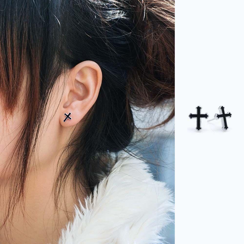 Khuyên Tai Hình Thánh Giá Màu Đen Phong Cách Punk Gothic Cá Tính Cho Nam
