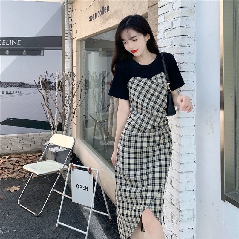 Đầm RENJIANVSHENG 175289 tay ngắn giả hai lớp dáng chữ A phối họa tiết kẻ sọc ca rô phong cách Hàn Quốc xinh xắn cho nữ