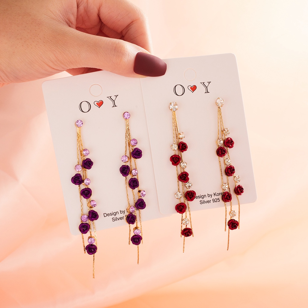 Bông tai RINHOO dáng dài hình hoa hồng đính đá phối tua rua thời trang cho nữ