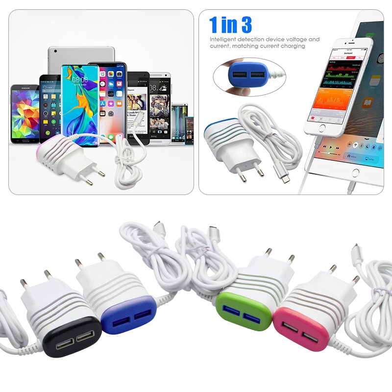 Củ sạc nhanh 2 cổng USB 2A 3 trong 1 giắc cắm EU dành cho iPhone Samsung Xiaomi