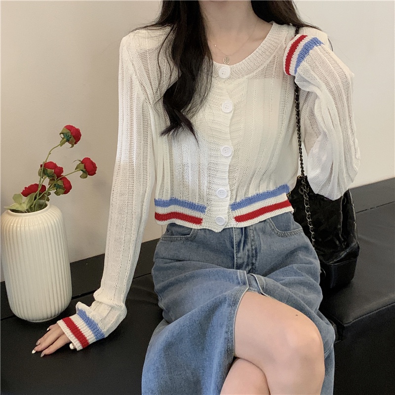 Áo Khoác Cardigan Dệt Kim Mỏng Họa Tiết Kẻ Sọc Thời Trang Mùa Hè Hàng Mới Dành Cho Bạn Nữ