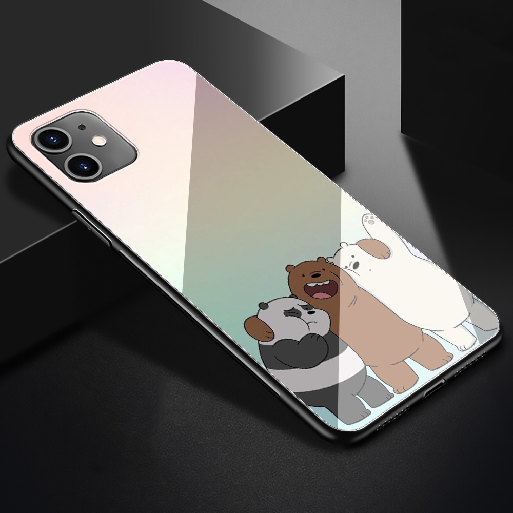 128S we bare bears moon iPhone 11 Pro XS Max XR X 8 7 6 6S Plus TPU Tempered Glass Case