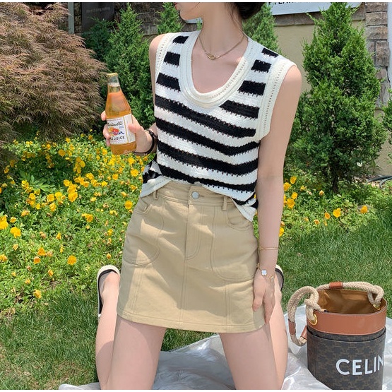 AMOI Áo Dệt Kim Sát Nách Dáng Rộng Họa Tiết Kẻ Sọc Phong Cách Vintage Cho Nữ