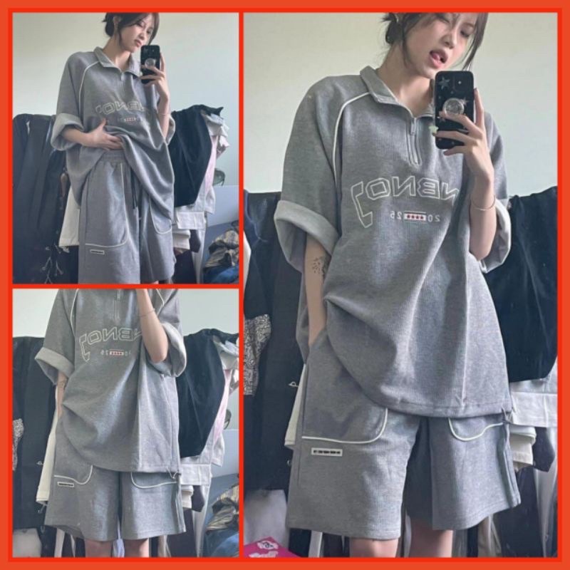 Bộ Thun Polo Cổ Đức Chữ NBNO Unisex  Set áo Form Rộng Tay Lỡ Kèm Quần Short Đùi Màu Xám Kiểu Hàn Quốc Sẵn Ảnh Thật