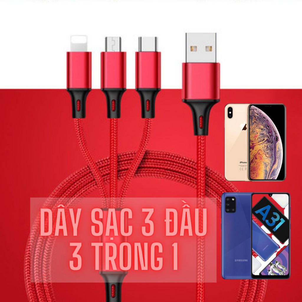 Cáp Sạc Ba Đầu Sạc Siêu Nhanh -  Cáp Sạc USB Dây Dù Siêu Bền - Cáp Sạc Android IOS Siêu Xịn⚡