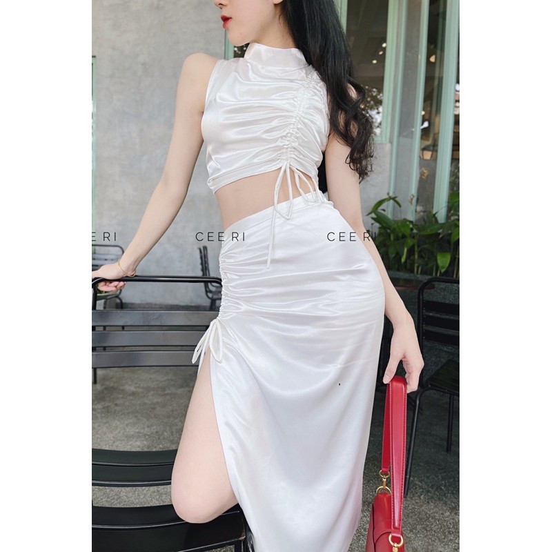 ( ẢNH SHOP CEERI TỰ CHỤP ) Set lụa gồm áo + chân váy dài