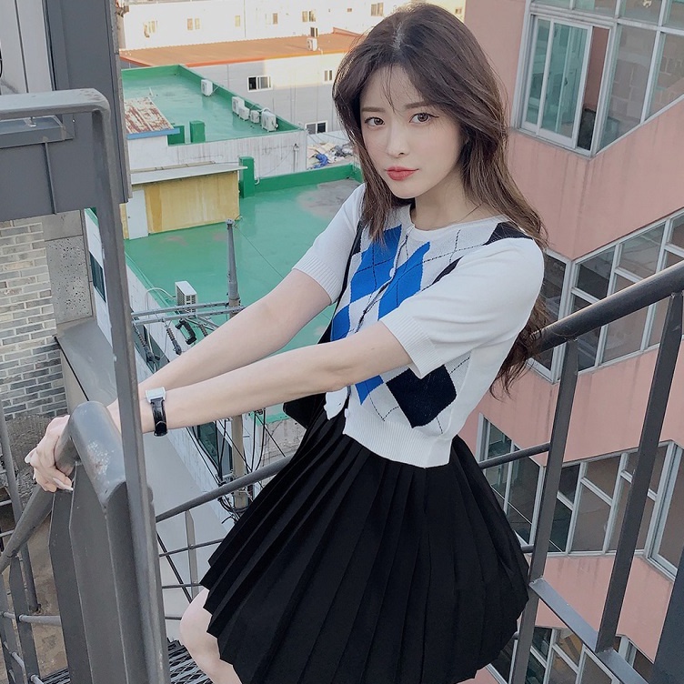 Áo cardigan ZHELIHANGFEI cổ tròn ngắn tay chất dệt kim cài nút họa tiết hình thoi dành cho nữ