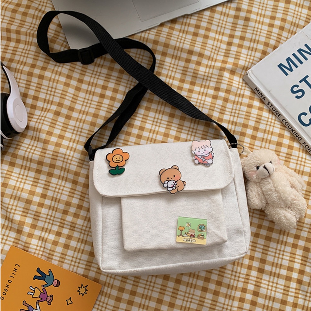 Túi Đeo Chéo Nữ Mini Chất Liệu Vải Canvas Nhiều Ngăn Kèm Sticker Cá Tính Đi Học Đi Chơi Phong Cách Hàn Quốc