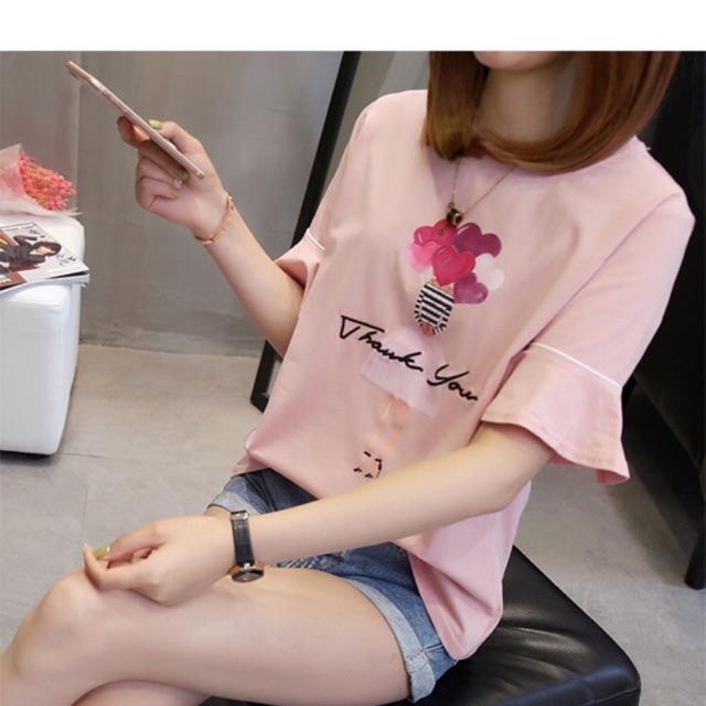 Áo thun màu đen, màu hồng big size hình cô gái cầm bong bóng size 70-90kg