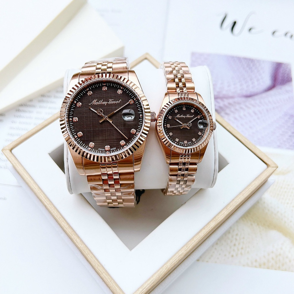 Đồng hồ đôi nam nữ Mathey Tissot Dial Brown Rose Gold
