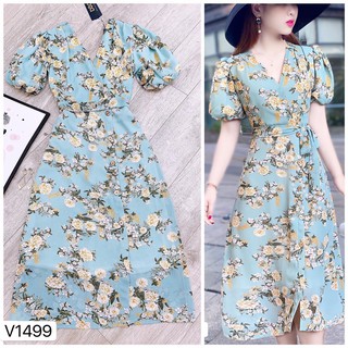 Bán sỉ váy hoa xanh tay bồng quý phái dk68