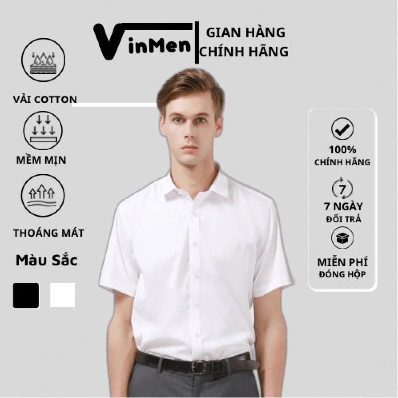 Áo sơ mi ngắn tay nam VINMEN dáng ôm cổ bẻ công sở cao cấp