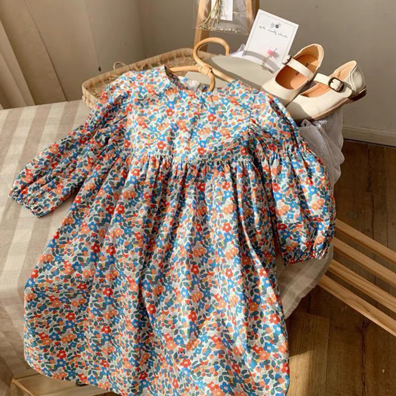 Váy dài tay cho bé gái họa tiết hoa nhí cực xinh Váy thu bé gái T01