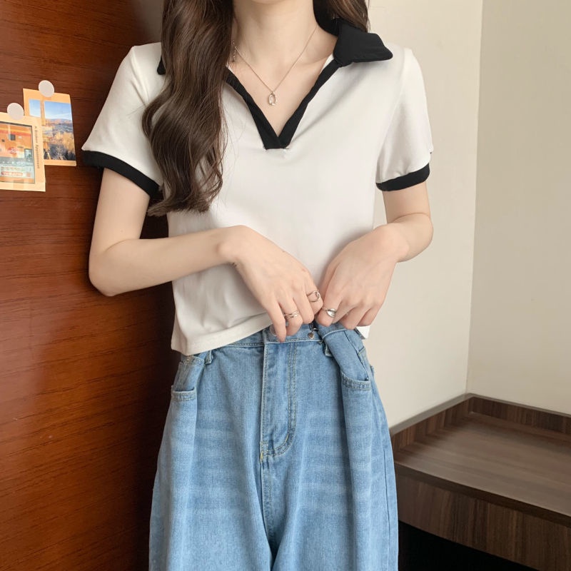 Áo polo Ngắn Tay Màu Sắc Tương Phản Thời Trang Cho Nữ