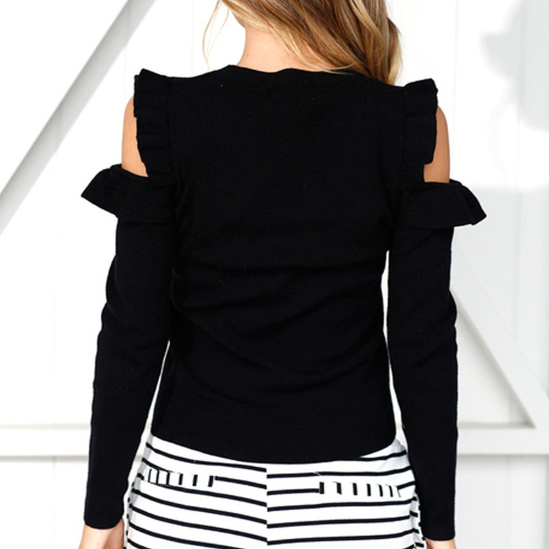 Áo Sweater Tay Dài Dáng Ôm Hở Vai Phối Bèo Dễ Thương Cho Bạn Gái