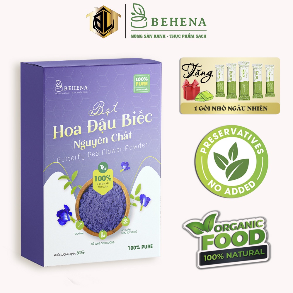 Bột hoa đậu biếc Behena thanh mát, tạo màu thực phẩm hộp 50gr