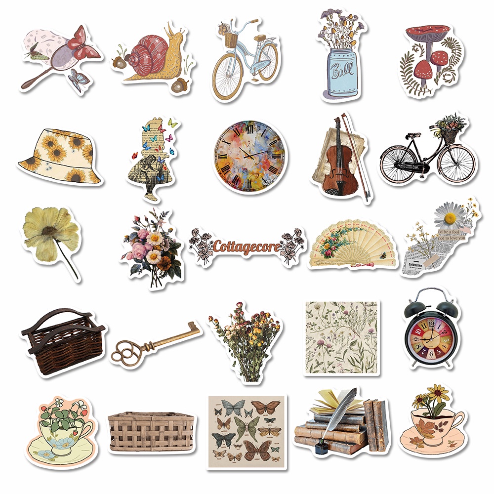 Set 50 chiếc sticker chống nước RETRO CỔ ĐIỂN BULLET JOURNAL dán mũ bảo hiểm, laptop, xe, tường, đàn guitar