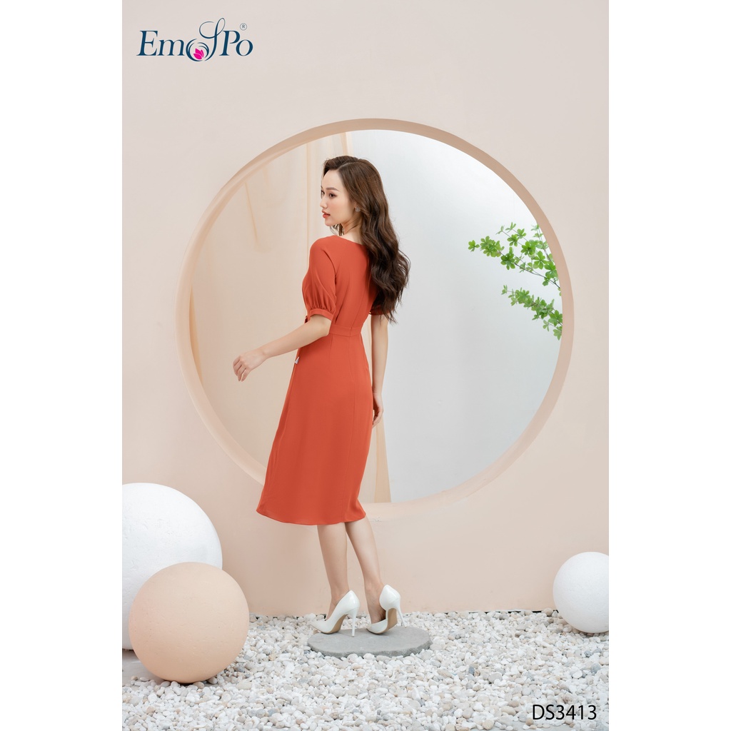 Đầm xòe, tà lệch 2 tầng, đai eo thân trước trang trí mặt tròn Emspo DS3413