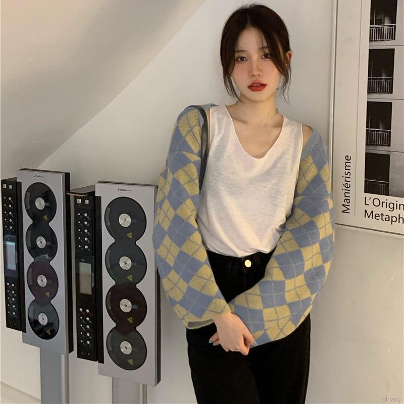 Áo khoác cardigan tay dài dáng rộng họa tiết kẻ ô phong cách cổ điển Hàn Quốc