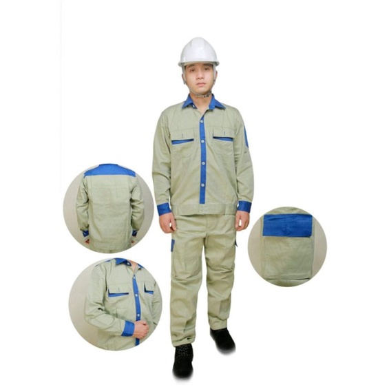 Quần áo bảo hộ vải kaki may kỹ phối màu xanh cho kỹ sư, giám sát, công nhân...