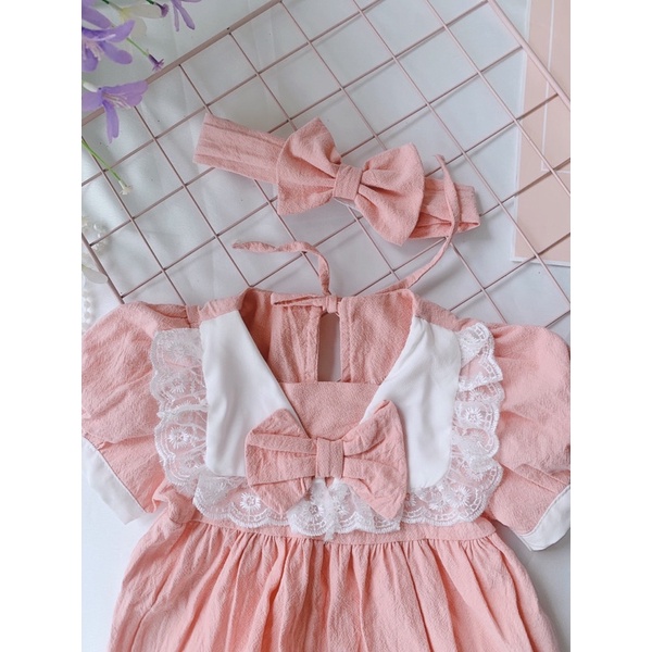 Bodysuit Hồng Cổ Thuyền Cộc Tay Cho Bé Gái 0-12 Tháng Kèm Băng Đô Và Tất Chân, Váy Đầy Tháng, Bodysuit Sơ Sinh