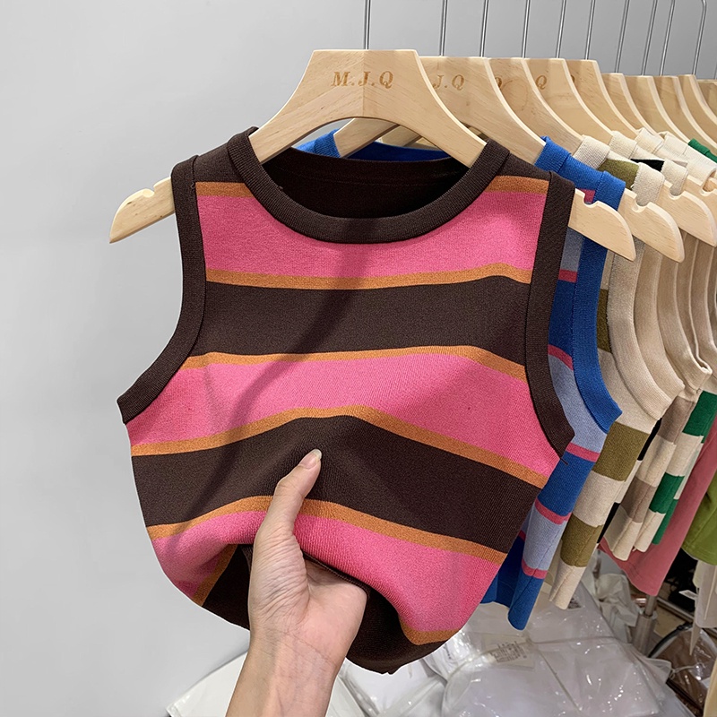 Áo Dệt Kim Sát Nách Dáng Ngắn Họa Tiết Kẻ Sọc Thời Trang Mùa Hè Cho Nữ 54257