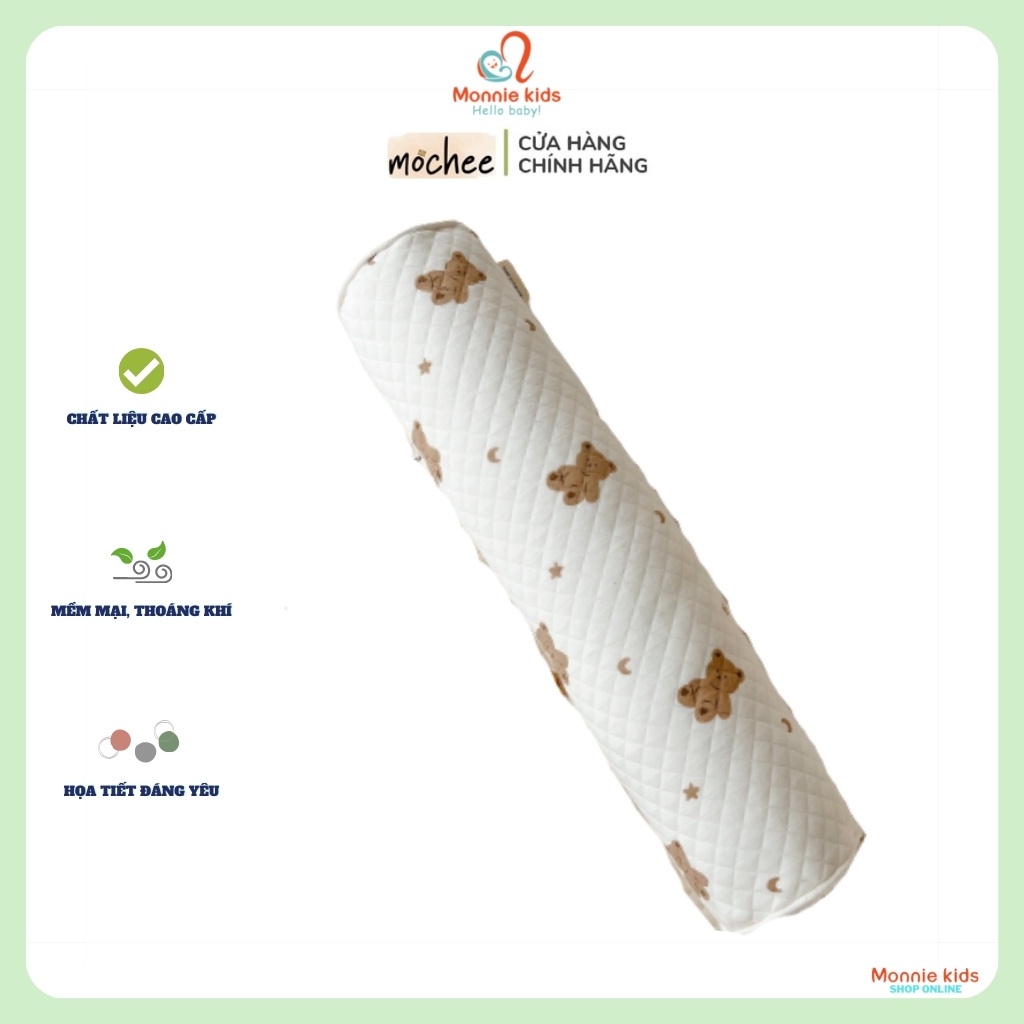 Gối ôm lụa cotton hình gấu cho bé Mochee, gối ôm họa tiết mềm mại cho trẻ - Monnie Kids