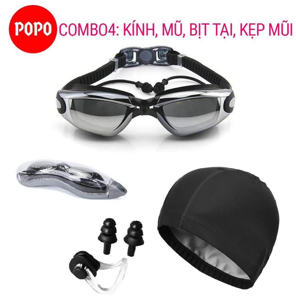 Kính bơi người lớn, kính bơi tráng gương kèm mũ bơi và bịt tai kẹp mũi POPO mắt kiếng bơi cho nam nữ trẻ em cản tia UV