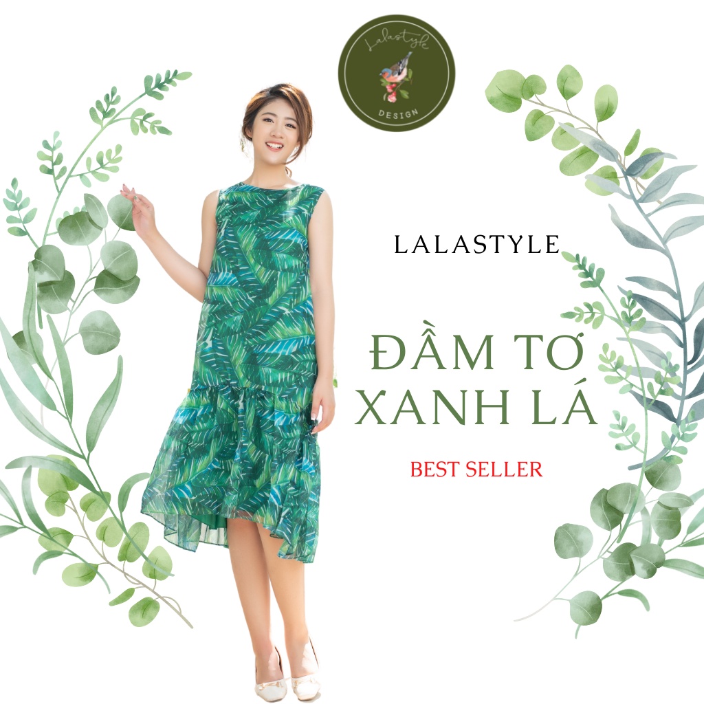 Đầm tơ xanh lá thiết kế Lalastyle