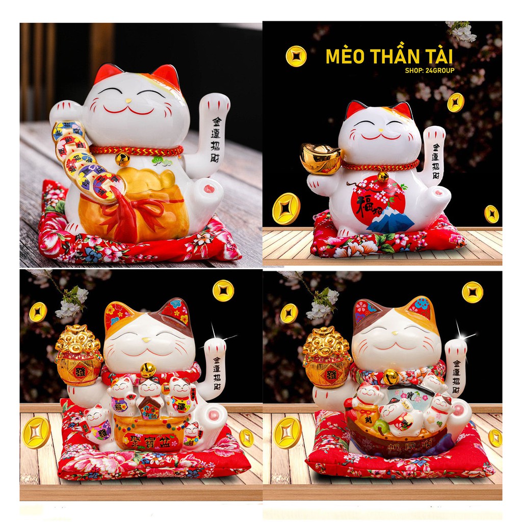 Mèo Thần Tài Vẫy Tay Phát Tài Phát Lộc Gốm Sứ Cao Cấp Kèm đệm đỏ Mèo may mắn vẫy tay chiêu tài phát lộc Maneki Neko