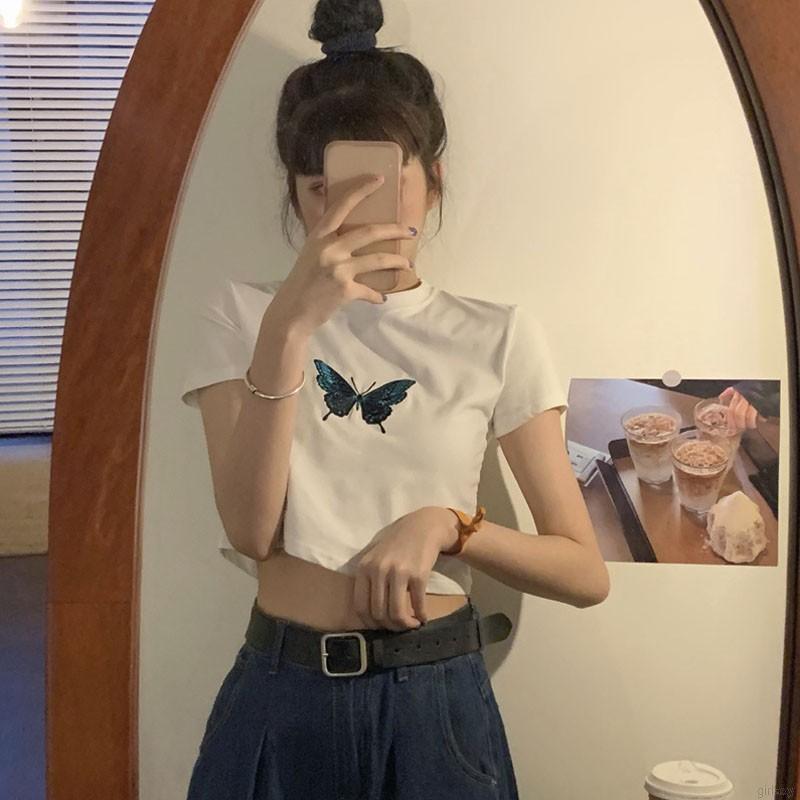Áo Thun Tay Ngắn Thêu Hình Bướm Phong Cách Retro Hàn Quốc