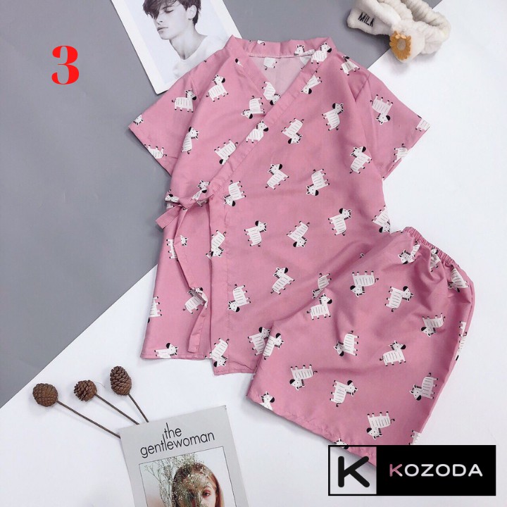 Đồ ngủ yukata Kimono Cộc Tay Nữ Set pijama buộc nơ in hình cute, quần áo ngủ mặc ở nhà, mùa hè Ulzzang Kozoda M45