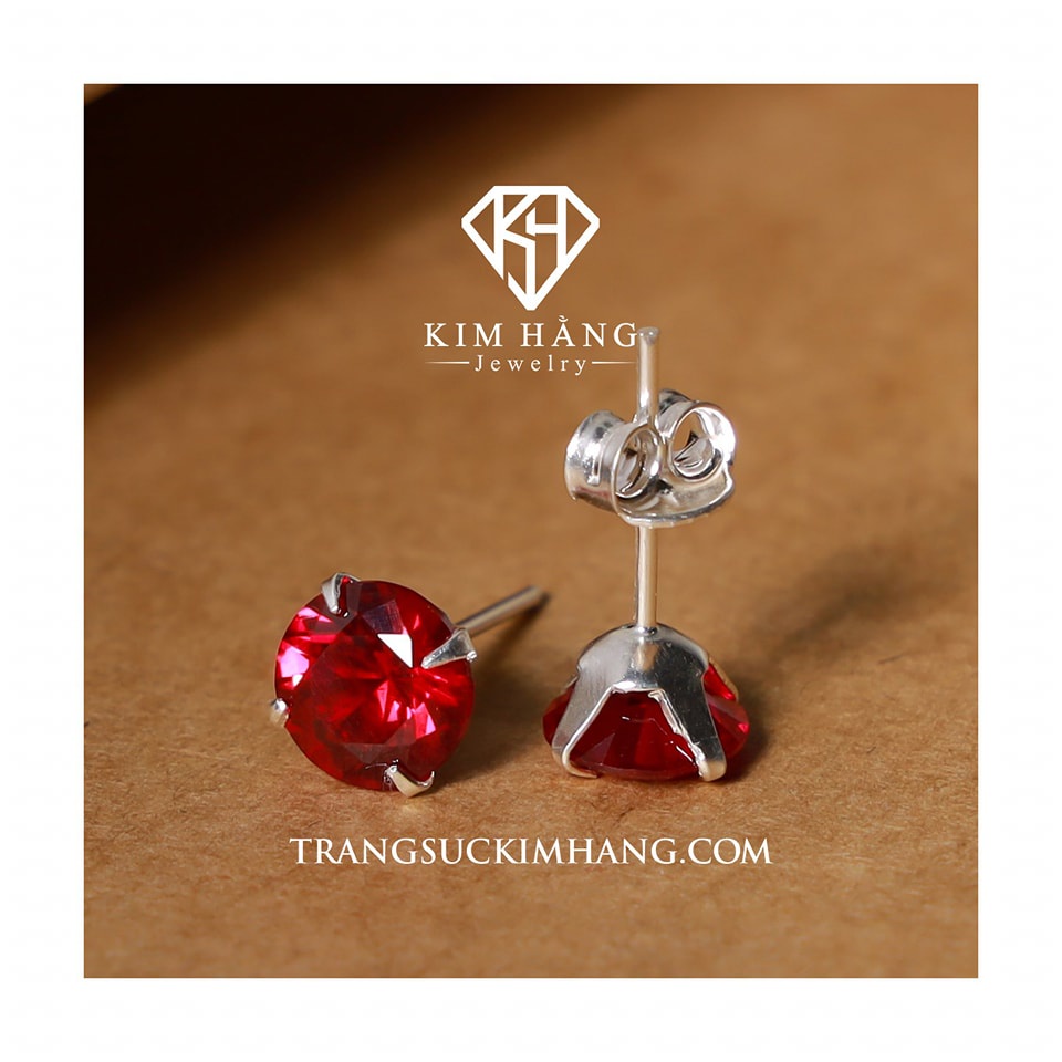 Khuyên Tai Bạc Nụ Tròn Đá Đỏ KHJER077- Chốt Đẩy