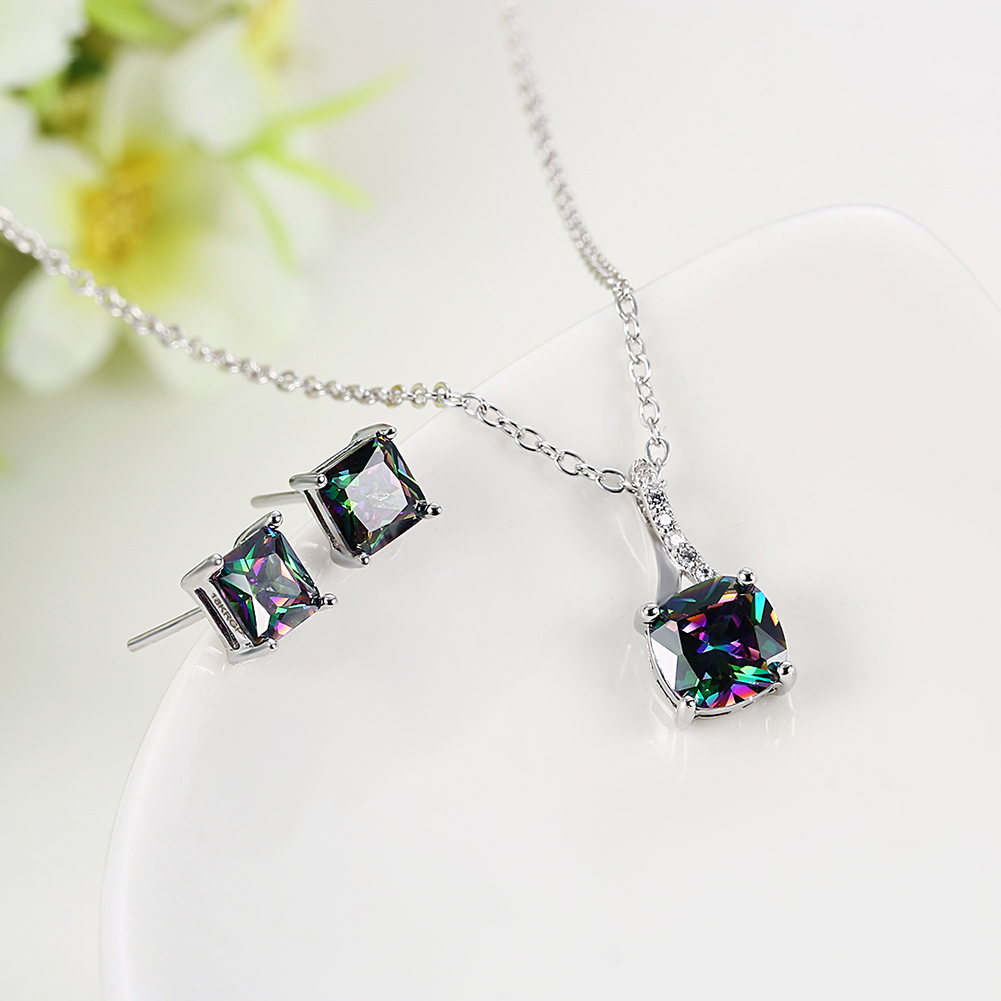 Fashion woman square color zirconium two-piece earrings necklace set[fash]