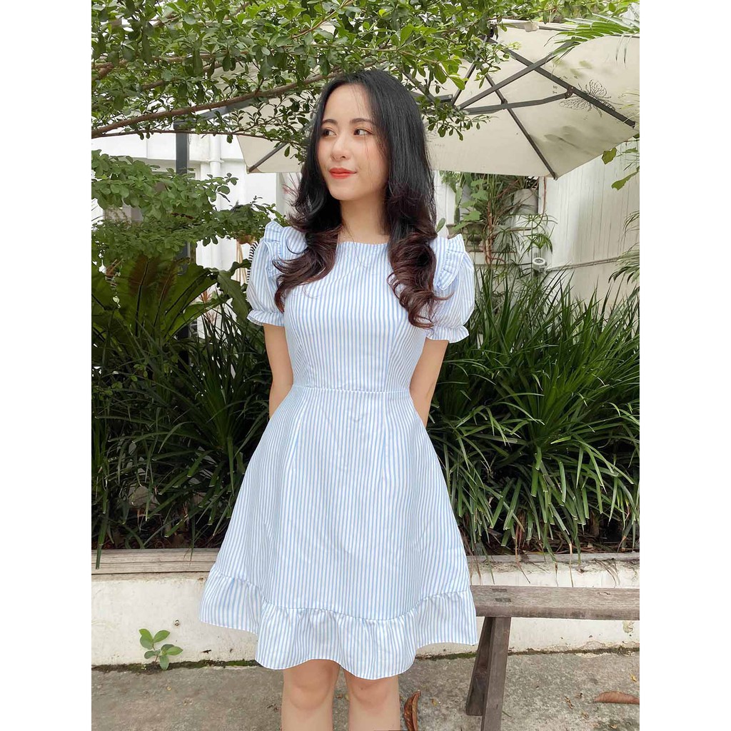 Đầm công sở nữ xanh dương dáng xòe mềm may 2 lớp thiết kế dễ thương dáng xòe tay ngắn thời trang công sở dự tiệc | BigBuy360 - bigbuy360.vn