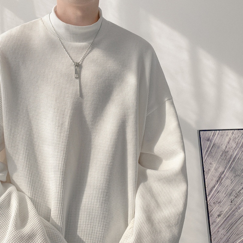 ✦AFFLIGA✦ Áo Sweater Cổ Cao Tay Dài Oversize Màu Trắng Thời Trang Cho Nam