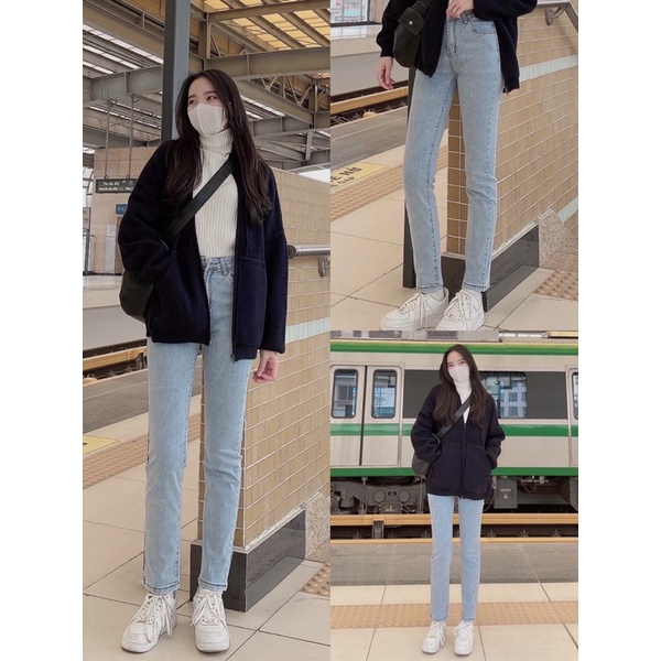 2101359 Quần jeans nữ ulzzang chất jeans mềm co giãn tốt dáng ôm loe nhẹ ống đứng 2 màu đen, xanh có size