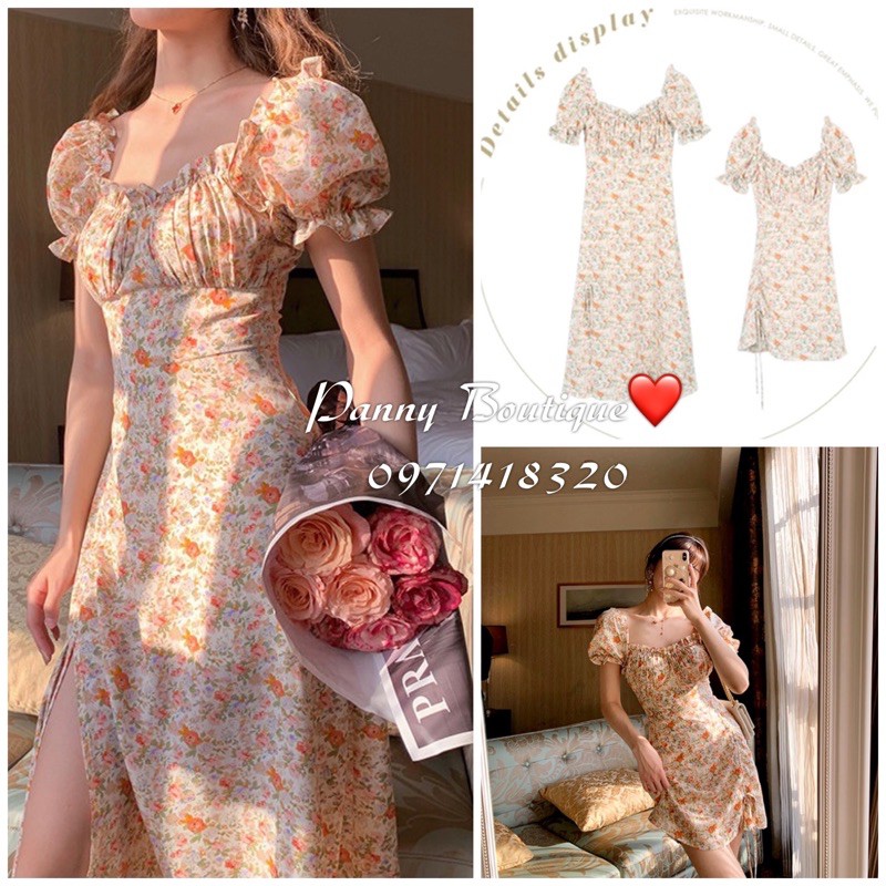 (Hàng sẵn có ảnh thật) Đầm cổ vuông tay phồng hoa hồng cam đào, style Hàn Quốc 🌻 Panny Boutique 🌻