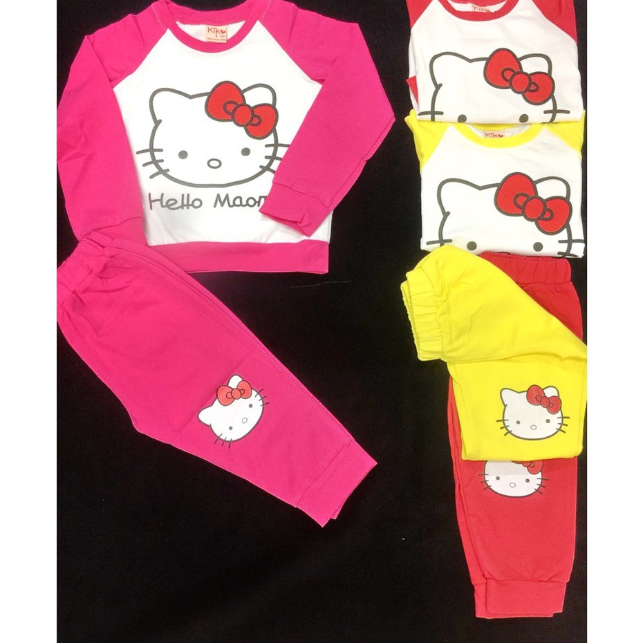 Bộ Dài Quần Áo Thu Đông Hình Kitty Cho Bé Gái Chất Vải Cotton